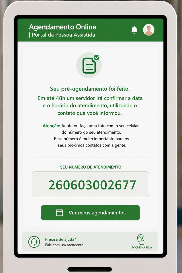 Tela de confirmação do pré-agendamento com o número de atendimento em destaque