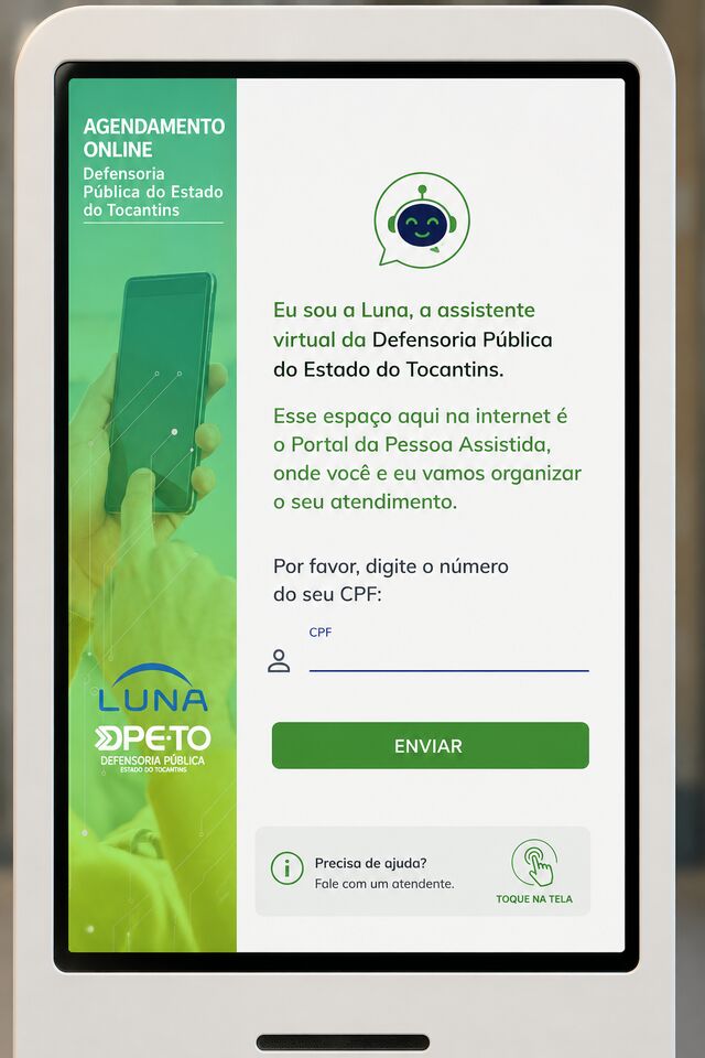 Tela do totem em que a Luna se apresenta e pede o CPF da pessoa