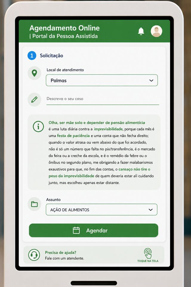 Tela de solicitação com o relato de uma mãe sobre pensão alimentícia e o assunto Ação de alimentos já sugerido
